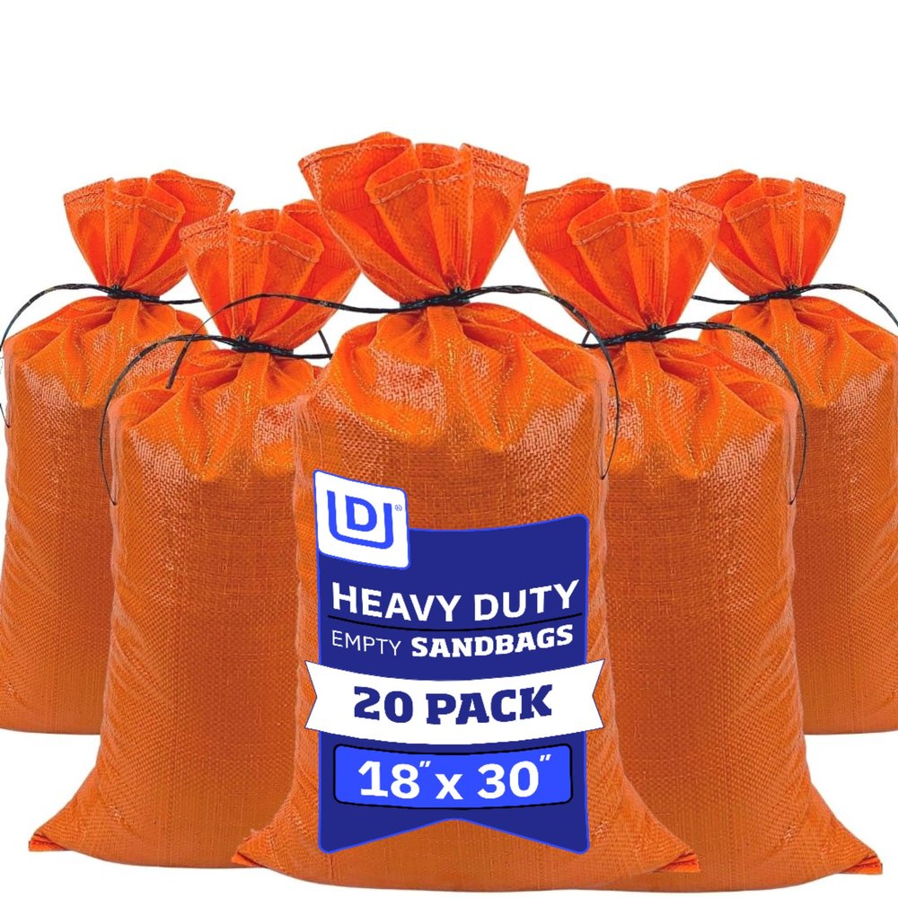 DURASACK Large Heavy Duty Sand Bags with Tie Strings Empty Woven Polypropylene Sandbags for Flood Control with 1600 Hours of UV Protection, 50 lbs Capacity, 18x30 inches, Orange, 20 Count