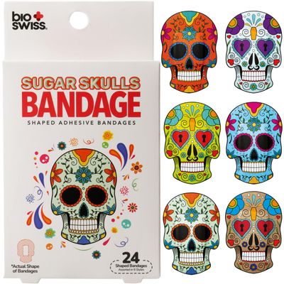 BioSwiss Bandages, Sugar Skull Shaped Self Adhesive Bandage Set, Latex Free, Sterile Wound Care, 24 Count