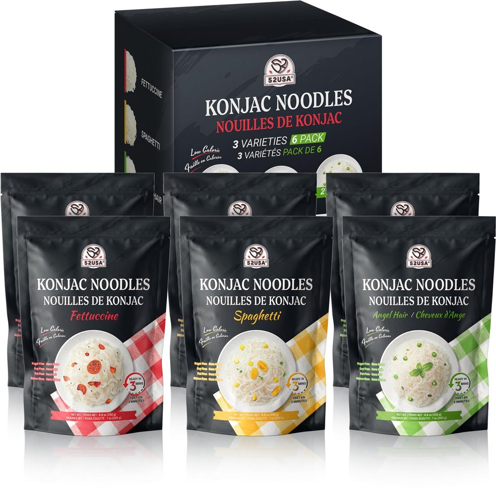 52USA Konjac Shirataki Noodle, Low Carb Pasta 52.8 Oz (1500 g), Keto and Paleo Friendly, Low Calorie, Sugar Free, Vegan, Ready to Eat, Gluten Free, Angel Hair, Fettuccine, Spaghetti Noodles (3 Variety - 6 Pack Inside)