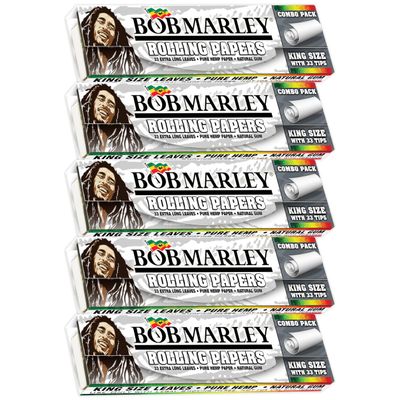 Bob Marley Rolling Paper - King Size (110mm) Ultra Thin Paper With Tips! - Pack of 5 Booklets! (33 Leaves + Tips Per Booklet)