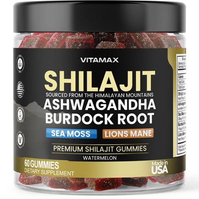 Organic Shilajit Gummies, Sea Moss, Ashwagandha, 105+ Trace Minerals Organic Burdock Root & Lions Mane Mushroom Watermelon Flavor - Vegan & Non-GMO Made in USA 60ct