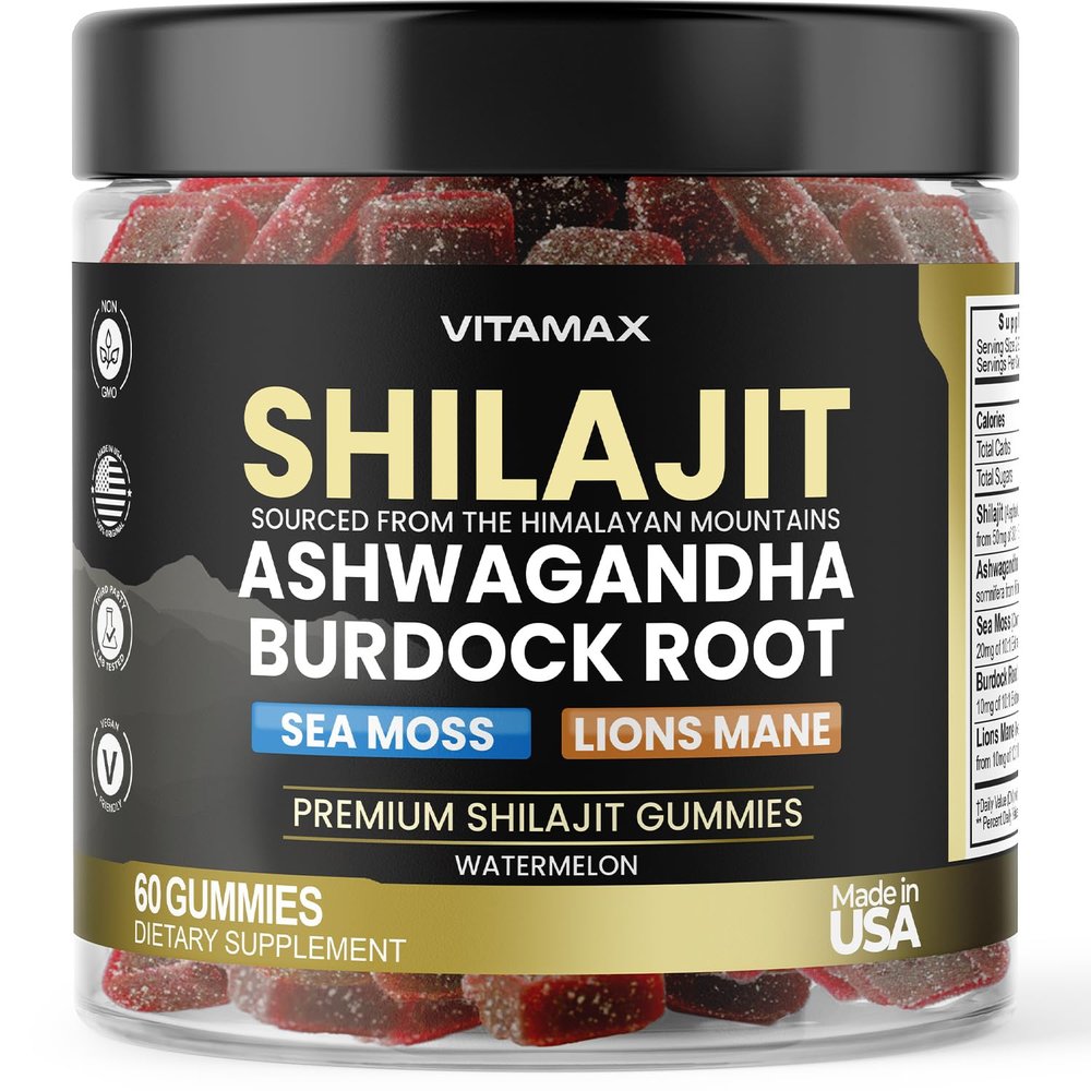 Organic Shilajit Gummies, Sea Moss, Ashwagandha, 105+ Trace Minerals Organic Burdock Root & Lions Mane Mushroom Watermelon Flavor - Vegan & Non-GMO Made in USA 60ct