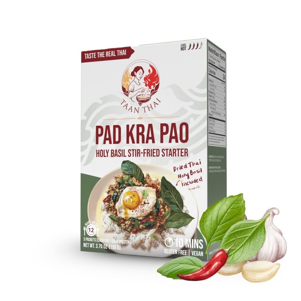 TAAN THAI PAD KRA PAO Stir-Fry Kit Authentic Thai Holy Basil (Kra Pao) Starter Vegan, Gluten-Free, No Preservatives Easy to Cook 3 Packets per Box (Makes 12 Dishes) (1)