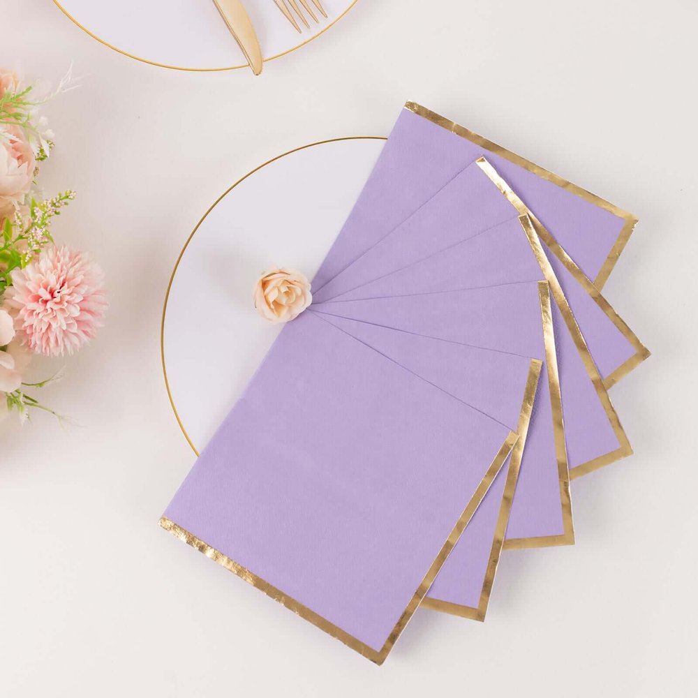 Efavormart 50 Pack Lavender Soft 2 Ply Paper Beverage Napkins with Gold Foil Edge, Disposable Cocktail Napkins - 6.5"x6.5"