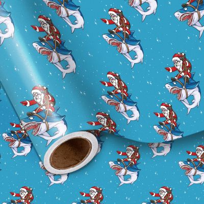 LeZakaa Funny Christmas Wrapping Paper Roll, Santa Claus Riding a Fierce Shark, Blue Xmas Playful Design for White Elephant, Gag Gifts, and Cool Holiday Presents, Mini Roll 17 in x 16.4 Feet