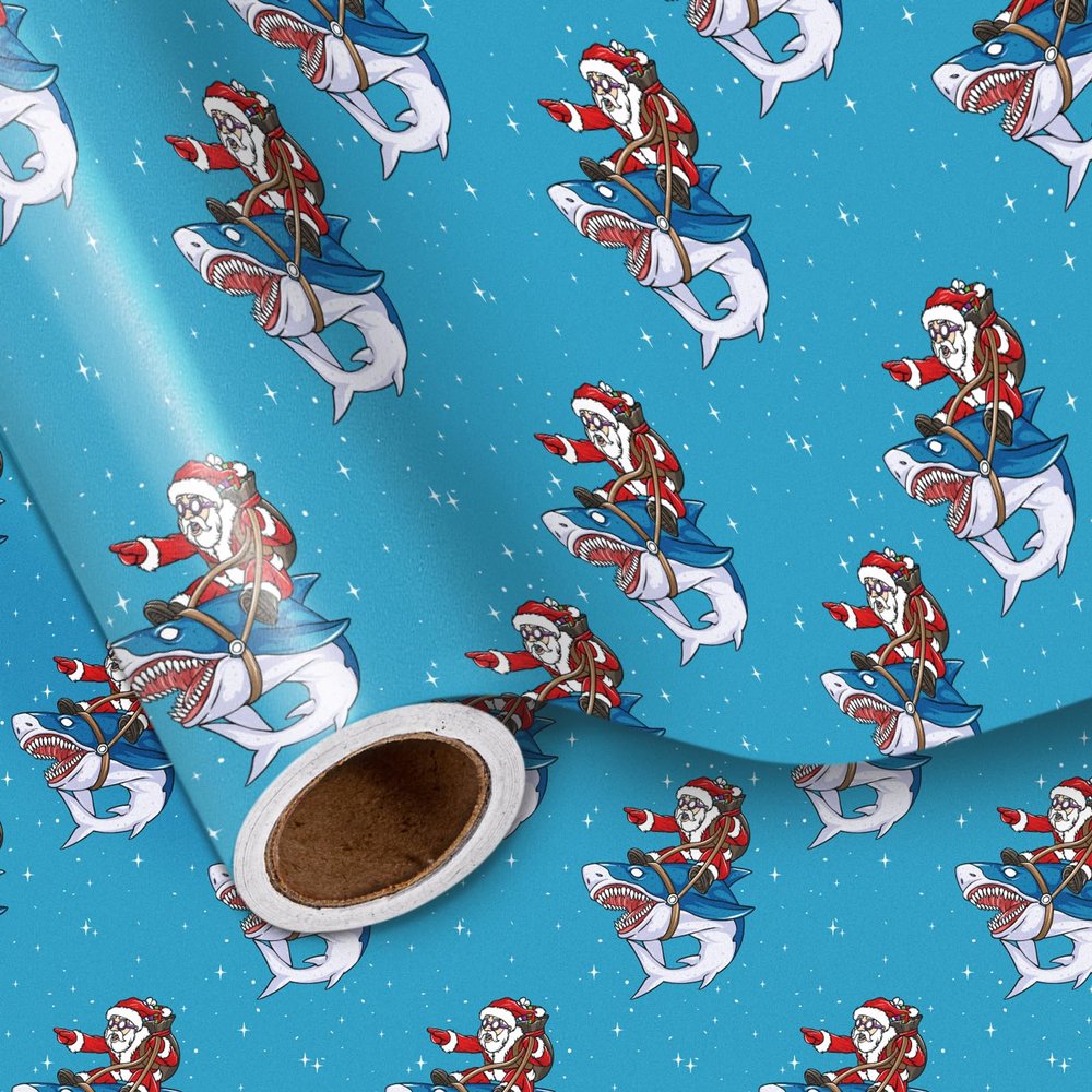 LeZakaa Funny Christmas Wrapping Paper Roll, Santa Claus Riding a Fierce Shark, Blue Xmas Playful Design for White Elephant, Gag Gifts, and Cool Holiday Presents, Mini Roll 17 in x 16.4 Feet