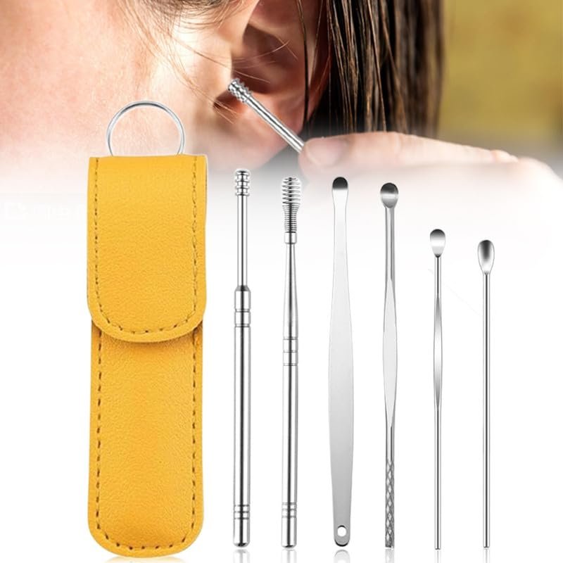 Ear Cleaner, 2024 New Satinless Steel 360 Spiral Earwax Cleaner Tool Set with Pu Leather Case, Household Creative Portable Ear Cleaning Kit for Men and Women(Yellow,3pcs)