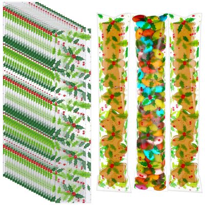 Chiisong 100 Pcs Winter Cellophane Treat Bags Bulk 2 x 10 Inch Holly Pretzel Rod Holly Clear Self Adhesive Cellophane Goody Bags for Holiday Party Supplies