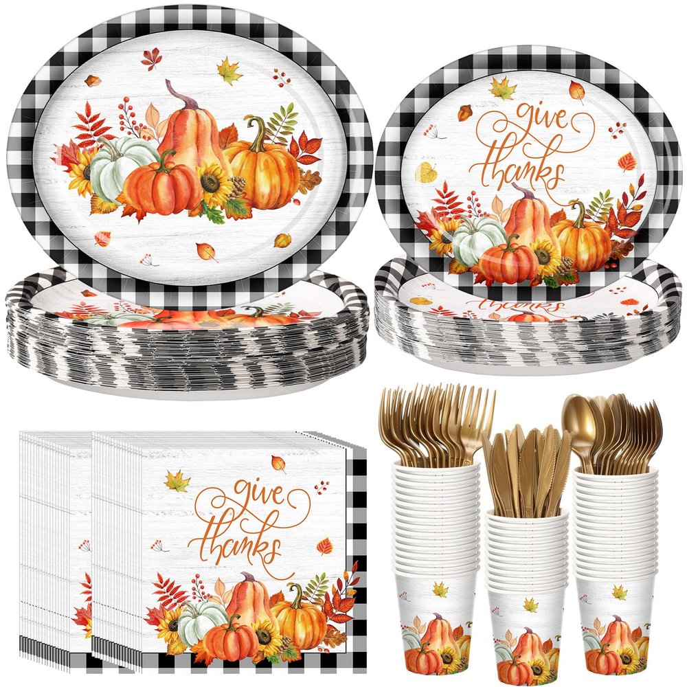 Havawish 350 Pcs Fall Thanksgiving Party Supplies Give Thanks Tableware Set Black White Buffalo Plaids Pumpkin Disposable Oval Plates Cups Napkins Fork Knife Spoon Dinnerware for Autumn Table Decor