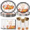 Havawish 350 Pcs Fall Thanksgiving Party Supplies Give Thanks Tableware Set Black White Buffalo Plaids Pumpkin Disposable Oval Plates Cups Napkins Fork Knife Spoon Dinnerware for Autumn Table Decor view 1