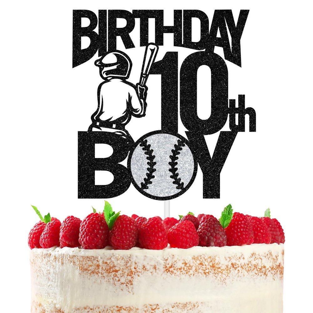 10th Birthday Boy Cake Topper, Baseball 10th Birthday Decorations, Double Digits 10/Level 10 Unlocked Cake Decor, Large Sport Baseball Theme 10th Birthday Party Decoration Supplies, Black Glitter