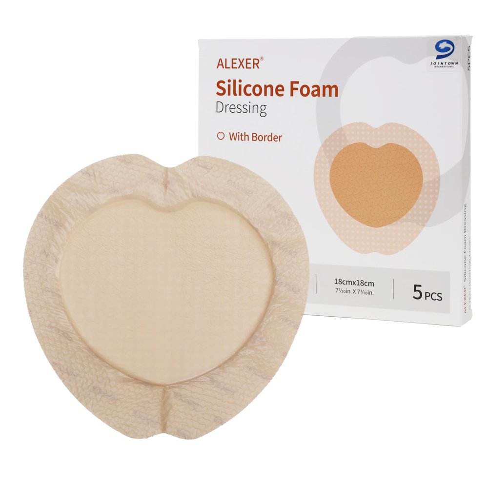 Jointown Foam Absorbent Wound Care Dressing, Adhesive Silicone Sacral Foam Dressing with Border, Waterproof Bed Sore Bandages, 7"x7", 5 PCS