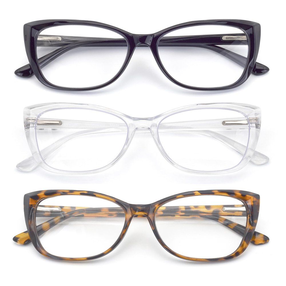 Autojouls 3-Pack Reading Glasses for WomenOprah Style Frame Spring Hinge Clear Lens Readers Glasses, Black DarkTortoise Transparent 1.5 x