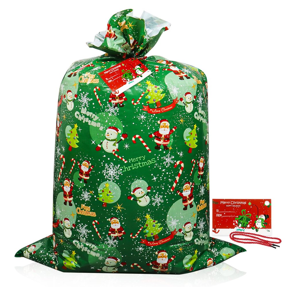 Nwvuop 36 56 Inches Jumbo Christmas Gift Bag, Giant Plastic Gift Bag Christmas Wrapping Bag with Gift Tags(Green)