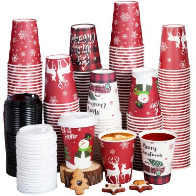 Hallswl 100 Pieces 12 oz Christmas Paper Cups with Lids, Disposable Coffee Cups for Cold Beverage Hot Drinking,Snowflake Snowman Truck Elk Plaid Pattern To Go Cup for Christmas Decorations