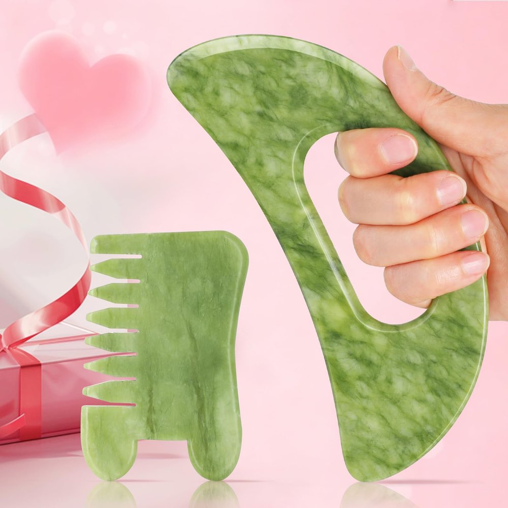 airogym Jade Stone Gua Sha Massage Tool Set Larger Guasha Board with Handle, Jade Stone Guasha Scalp Comb, Muscle Scraping Massage Tools