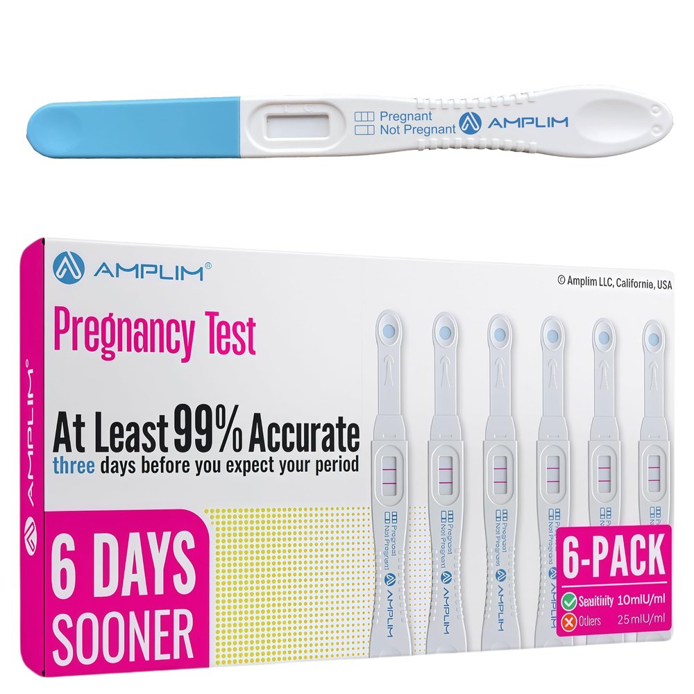 AMPLIM HCG Early Detection Pregnancy Test Bulk Stick  6-Days Sooner, Extra Sensitive 10 MIU/mL, Midstream  Mom 2-Sec Easy Home Tests, 99.99% Accurate Pregnant Test Result (6 Pack)