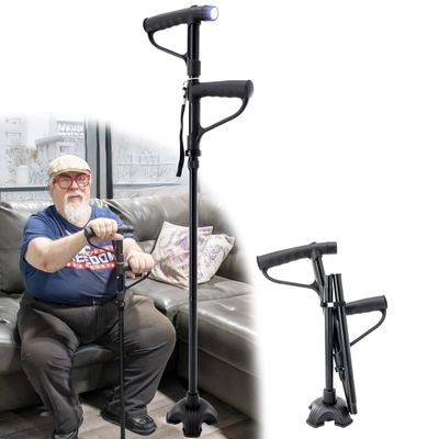 Folding Walking Cane with LED Light w/Extra Rotating Support Handle, Lightweight, 4 Adjustable Height, Self Standing Quad Base,