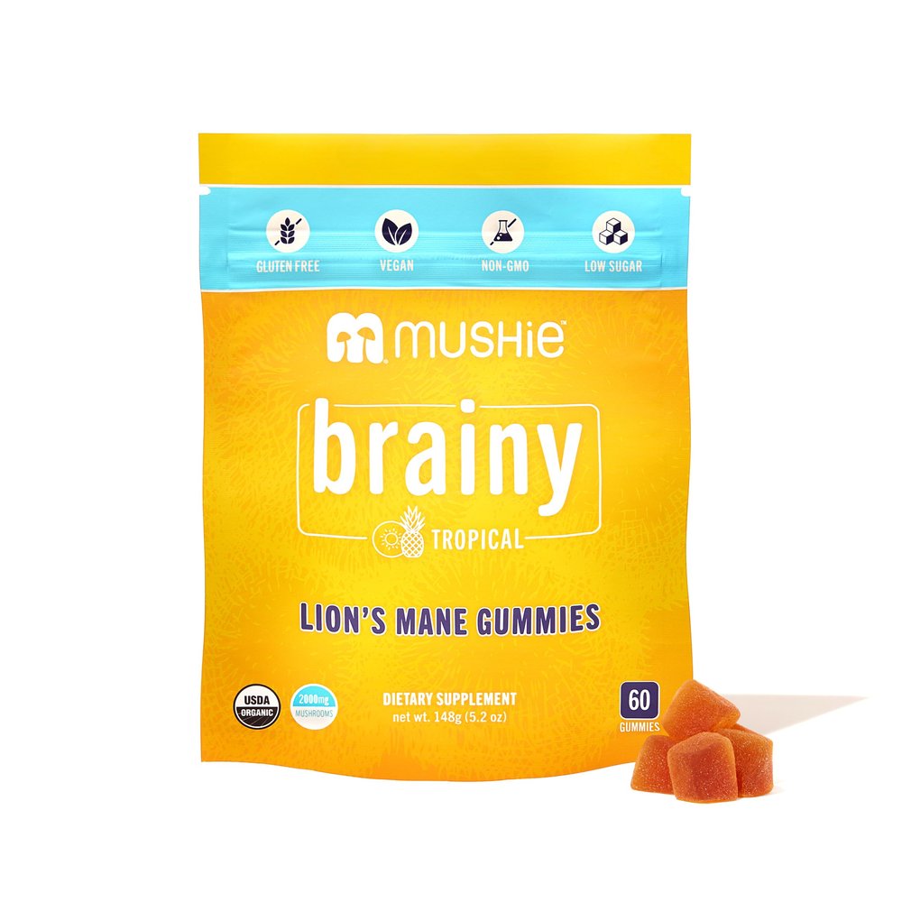 Mushie 100% Organic Lions Mane Mushroom Gummies - 2000mg (75mg A & B-Glucans) for Brain Health, Focus & Memory - 60 Organic Lions Mane Gummies for Adults & Kids
