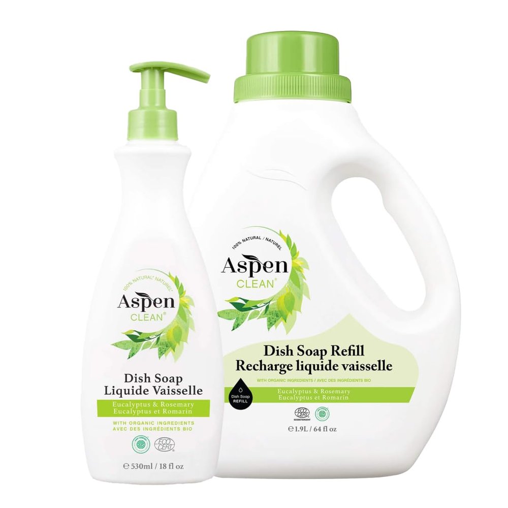 AspenClean | Dish Soap & Refill | Eucalyptus and Rosemary | Liquid Dishwashing Detergent Soap | Non - Toxic | 100% Natural | EWG Verified | 64 fl oz - Refills Over 3.5 Standard Soap Bottles