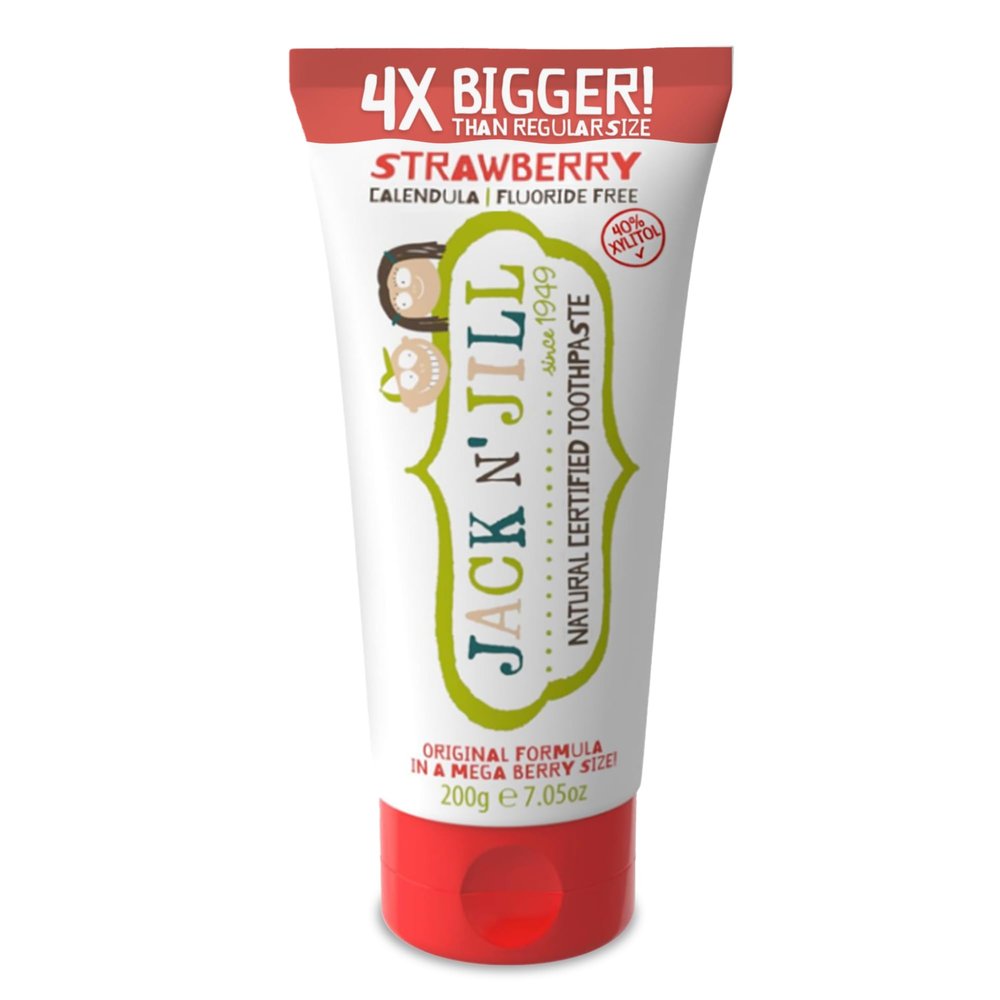 Jack N' Jill Mega Toothpaste 4x More - Natural Toddler Toothpaste for Baby, Kids & Infants 6 Months & Up, Fluoride Free Training Toothpaste for Toddlers 1-3, 40% Xylitol - Strawberry, 7.05 oz (1-Pack)