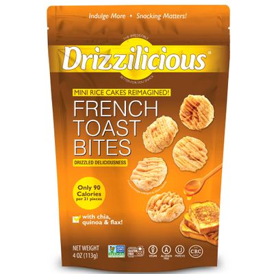 Drizzilicious Mini Flavored Rice Cakes French Toast - Rice Crisps, Healthy Snack for Adults and Kids, Vegan, Gluten Free Snack, Allergen Free, Only 90 Calories Per 21 Pieces - 4 oz (Pack of 6)