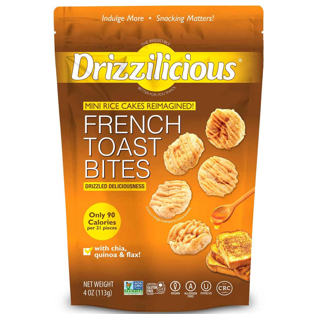Drizzilicious Mini Flavored Rice Cakes French Toast - Rice Crisps, Healthy Snack for Adults and Kids, Vegan, Gluten Free Snack, Allergen Free, Only 90 Calories Per 21 Pieces - 4 oz (Pack of 6)