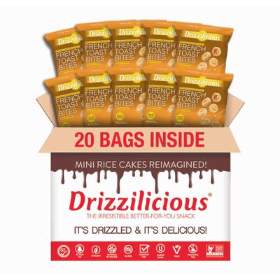 Drizzilicious Mini Flavored Rice Cakes French Toast - Rice Crisps, Healthy Snack for Adults and Kids, Vegan, Gluten Free Snack, Allergen Free, Only 90 Calories Per Bag - .74 oz (Pack of 20)
