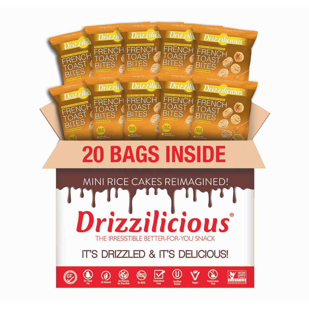 Drizzilicious Mini Flavored Rice Cakes French Toast - Rice Crisps, Healthy Snack for Adults and Kids, Vegan, Gluten Free Snack, Allergen Free, Only 90 Calories Per Bag - .74 oz (Pack of 20)