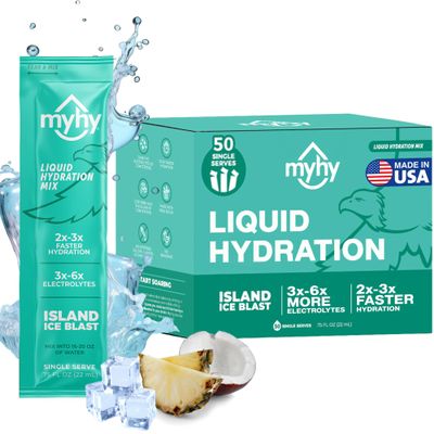 MyHy Liquid Hydration Packets, Electrolyte Drink Mix for Adults & Kids Hydration Support, Dehydration Relief for Travel, Pregnancy, Fitness, Bachelor & Bachelorette Party  Island Ice, 50 Count