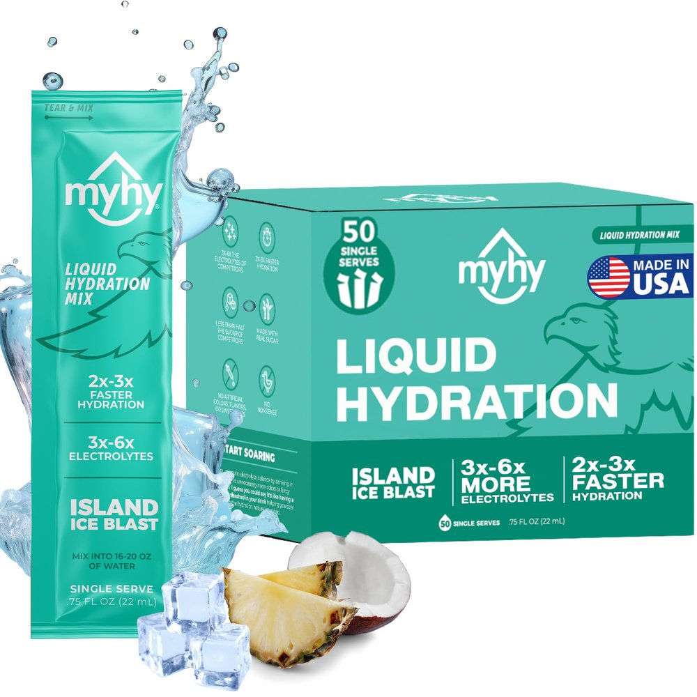 MyHy Liquid Hydration Packets, Electrolyte Drink Mix for Adults & Kids Hydration Support, Dehydration Relief for Travel, Pregnancy, Fitness, Bachelor & Bachelorette Party Island Ice, 50 Count