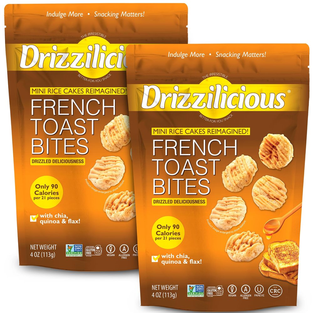 Drizzilicious Mini Flavored Rice Cakes French Toast - Rice Crisps, Healthy Snack for Adults and Kids, Vegan, Gluten Free Snack, Allergen Free, Only 90 Calories Per 21 Pieces - 4 oz (Pack of 2)