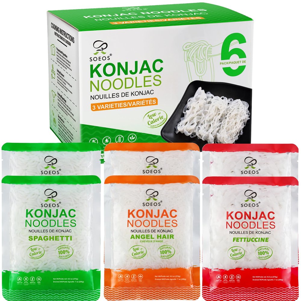 Soeos Konjac Noodles, Shirataki Noodle, 8.8 oz (250 g)*6 Packs, Low Calorie, Low Carb, Keto and Paleo Friendly, 3 Variety Noodles, Fettuccine, Angel Hair, Spaghetti, Total 52.8 Ounce