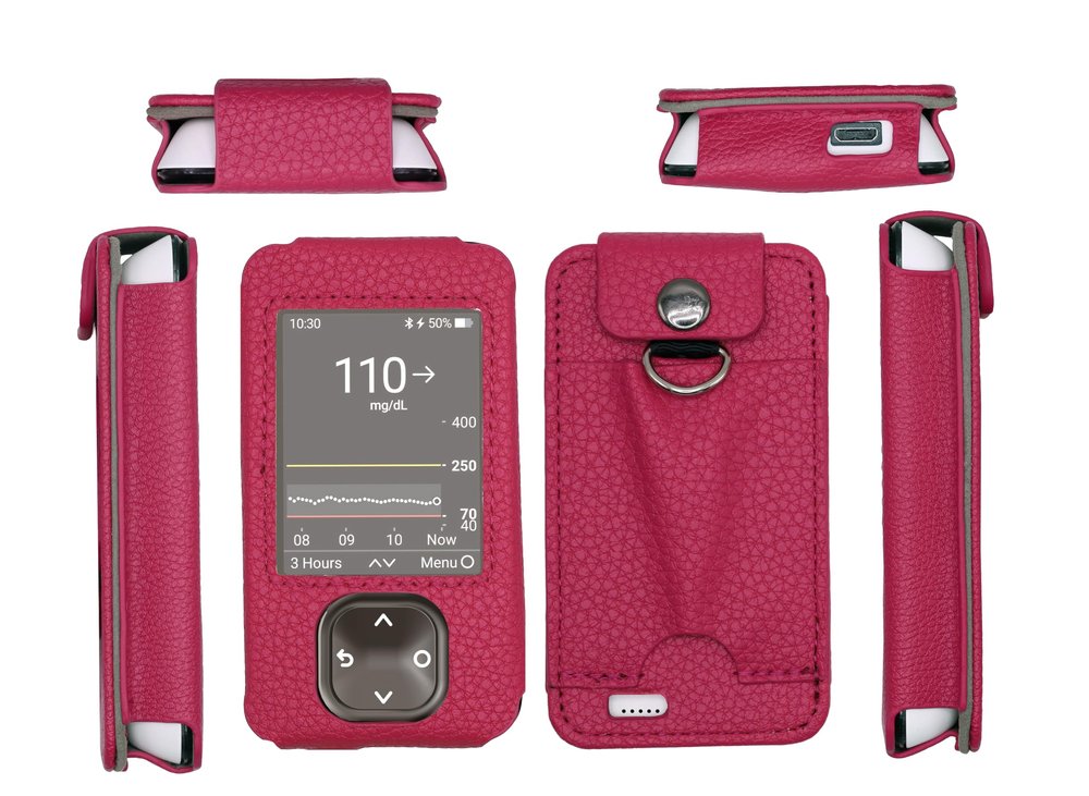 SNK Fitted Leather Case W/Screen Protector & Pocket for Dexcom G7 / G6 Receiver (Retail Packaging Includes Lanyard) (Hot Pink)