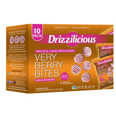 Drizzilicious Mini Flavored Rice Cakes Very Berry - Rice Crisps, Healthy Snack for Adults and Kids, Vegan, Gluten Free Snack, Allergen Free, Only 90 Calories Per Bag - .74 oz (Pack of 10)