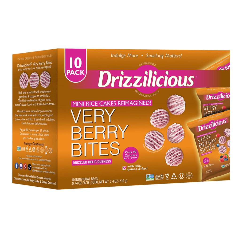 Drizzilicious Mini Flavored Rice Cakes Very Berry - Rice Crisps, Healthy Snack for Adults and Kids, Vegan, Gluten Free Snack, Allergen Free, Only 90 Calories Per Bag - .74 oz (Pack of 10)