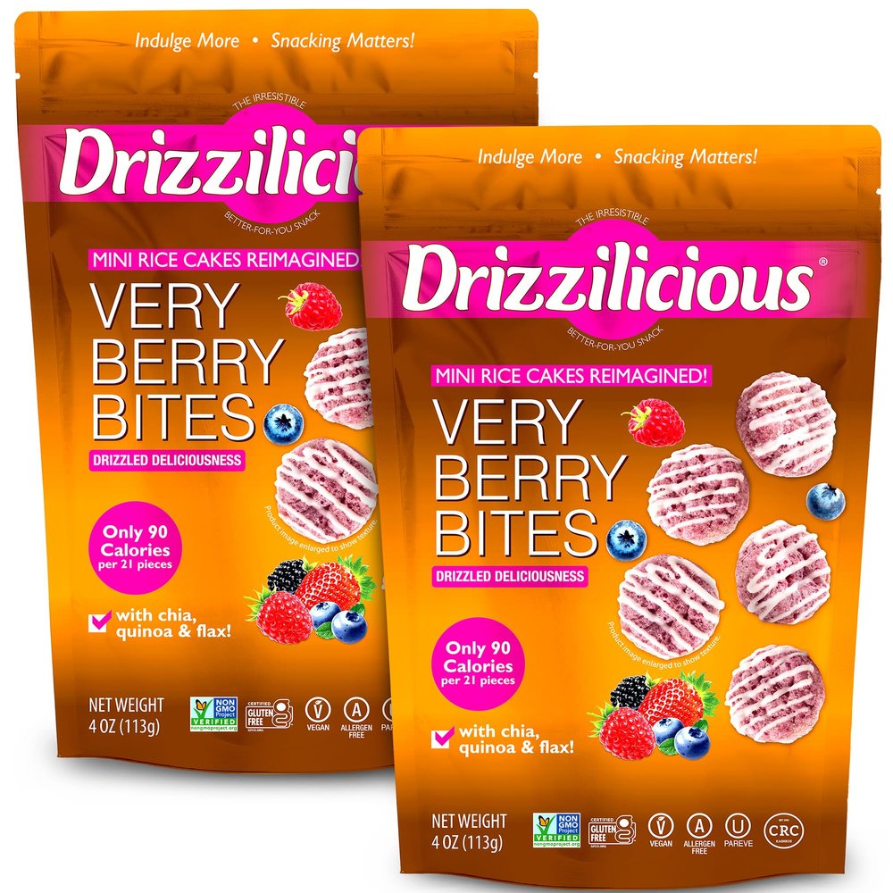 Drizzilicious Mini Flavored Rice Cakes Very Berry - Rice Crisps, Healthy Snack for Adults and Kids, Vegan, Gluten Free Snack, Allergen Free, Only 90 Calories Per 21 Pieces - 4 oz (Pack of 2)