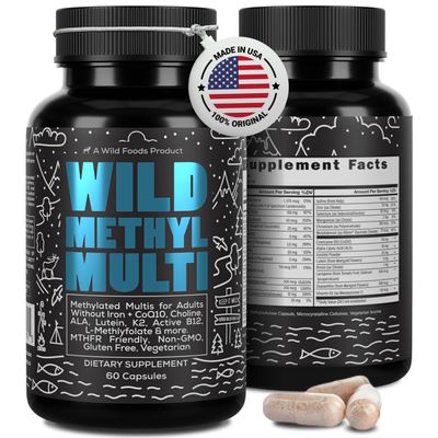 Wild Methylated Multivitamin for Women & Men | Daily Multi Vitamin | MTHFR Supplement Without Iron | Methylated B12, Folate, Vitamin C, A, K2, D, E, Choline, Biotin, ALA, CoQ10 & More (60 Capsules)