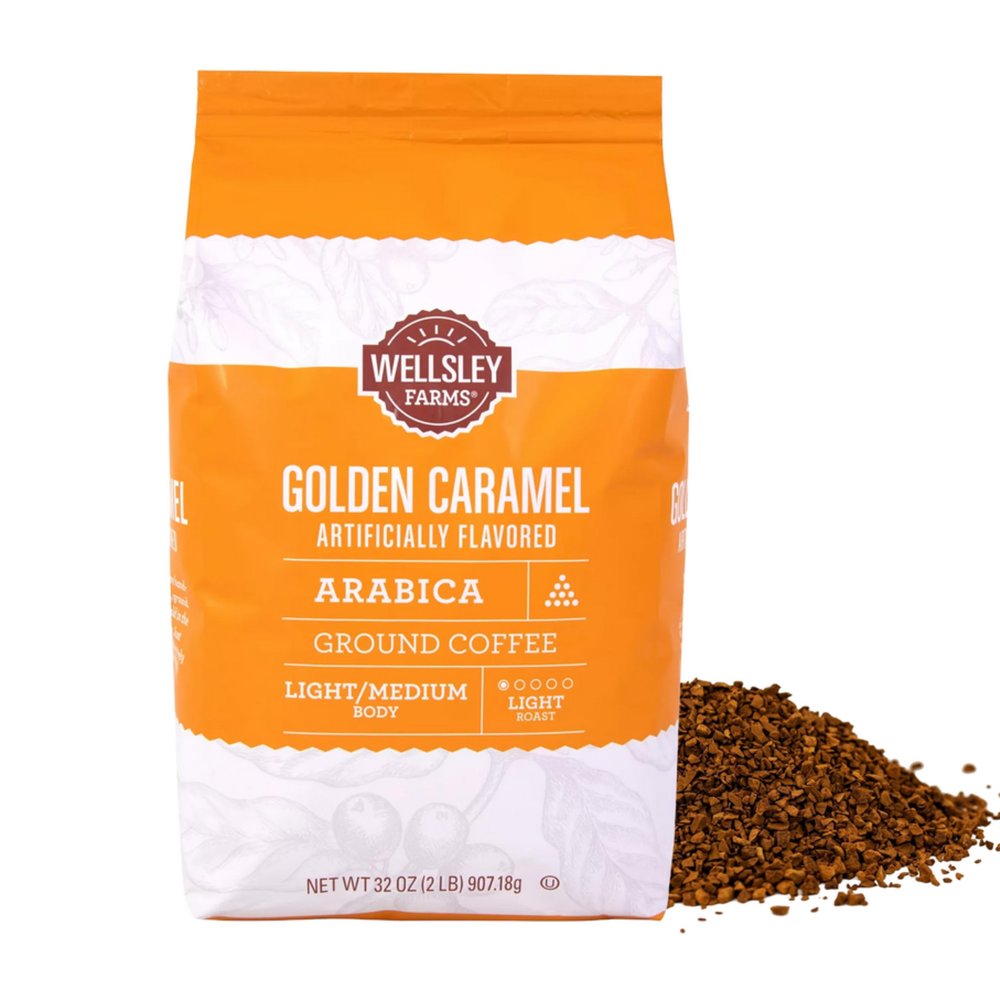 Wellsley Farms Golden Caramel Ground Coffee - 100% Arabica Light Roast - Non GMO, Low Carb and Low Sodium - Flavoured Coffee for Home and Office - Smooth Caramel Coffee Taste - 32 oz Resealable Bag
