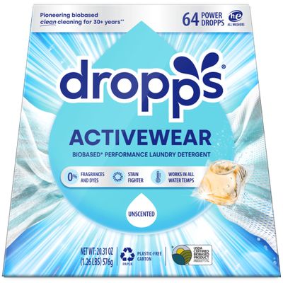 Dropps Activewear Laundry Detergent Pods, Unscented (64 Count) - Biobased Power Laundry Pods Fights Tough Stains & Odors, Sweat & Dirt - HE Compatible Laundry Supplies for Clean Sport Clothes
