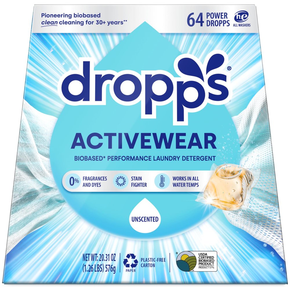 Dropps Activewear Laundry Detergent Pods, Unscented (64 Count) - Biobased Power Laundry Pods Fights Tough Stains & Odors, Sweat & Dirt - HE Compatible Laundry Supplies for Clean Sport Clothes