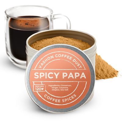 Coffee Dust Flavoring Powder, Spicy Papa (120 Servings) All Natural Coffee Syrup Alternative - Adds Flavor, Aroma, Taste & Wellness to Drinks, Tea & Foods - Creamer Alternative