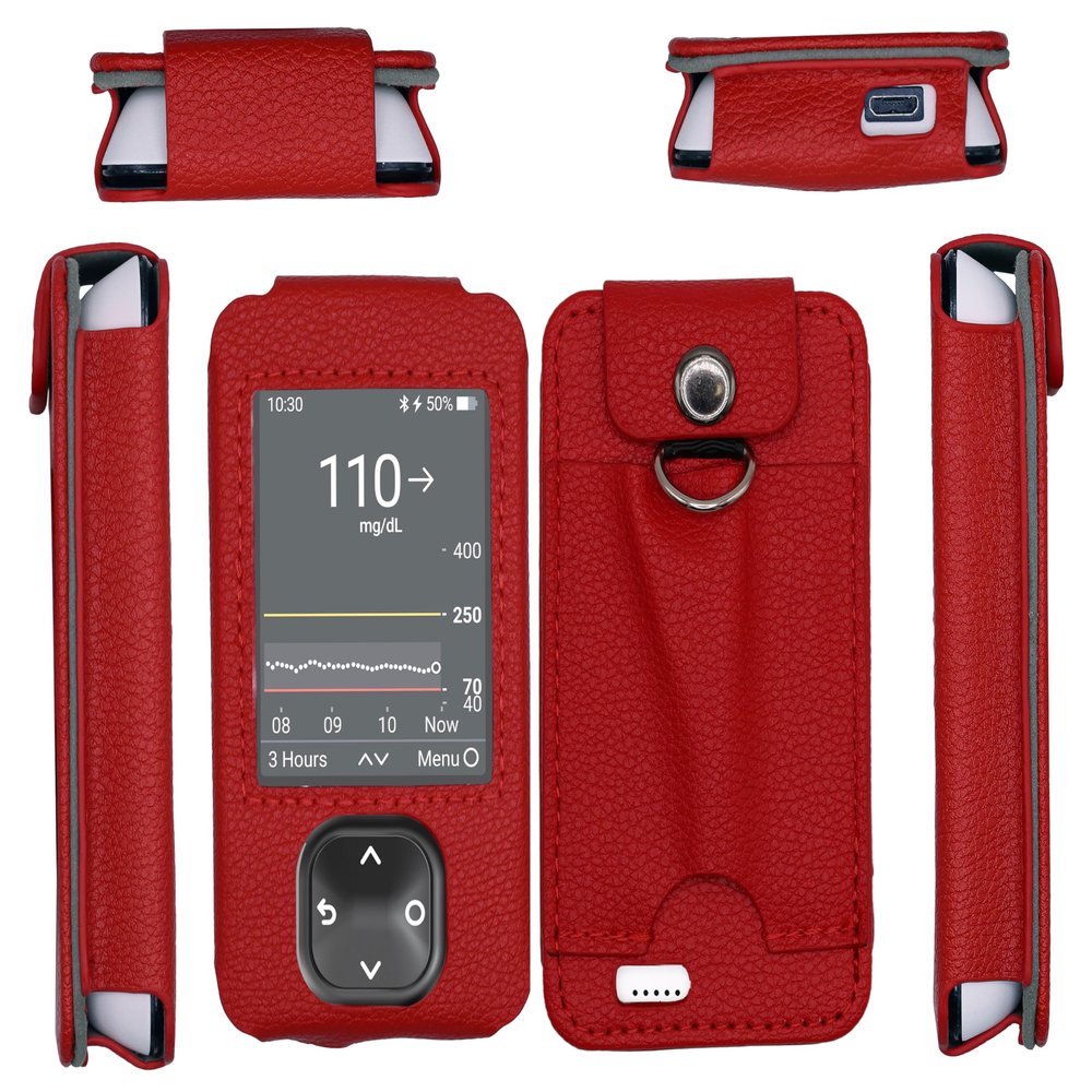 Fitted Leather Case W/Screen Protector & Pocket for Dexcom G7 / G6 Receiver (Retail Packaging Includes Lanyard) (Red)