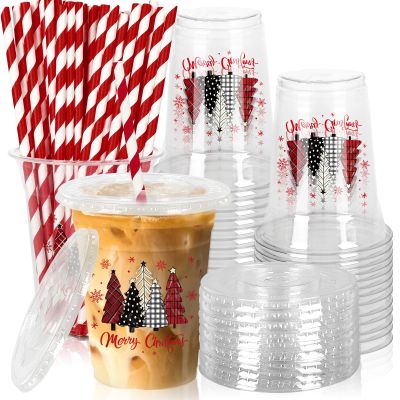 JarThenaAMCS 50Pcs Christmas Plastic Cups with Lids and Straws Red Black Xmas Tree Snowflake Plaid Clear Plastic Cups 12oz Disposable Cups for Christmas Party Supplies