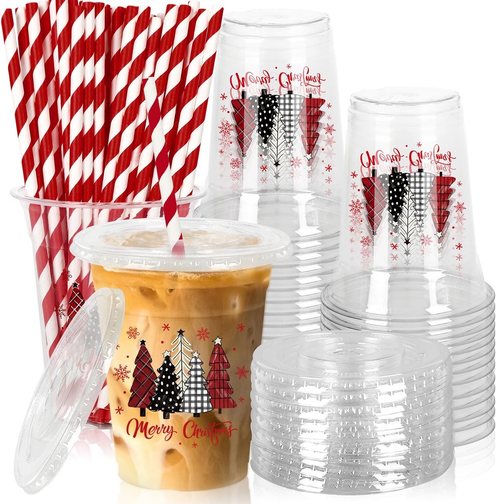 JarThenaAMCS 50Pcs Christmas Plastic Cups with Lids and Straws Red Black Xmas Tree Snowflake Plaid Clear Plastic Cups 12oz Disposable Cups for Christmas Party Supplies