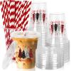 JarThenaAMCS 50Pcs Christmas Plastic Cups with Lids and Straws Red Black Xmas Tree Snowflake Plaid Clear Plastic Cups 12oz Disposable Cups for Christmas Party Supplies view 1