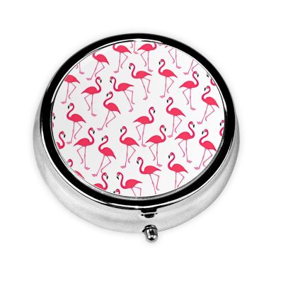 Red Flamingo Pattern Print Round Mini Medicine Storage Box Round Mini Pill Box,Portable Pill Box 3 Compartment
