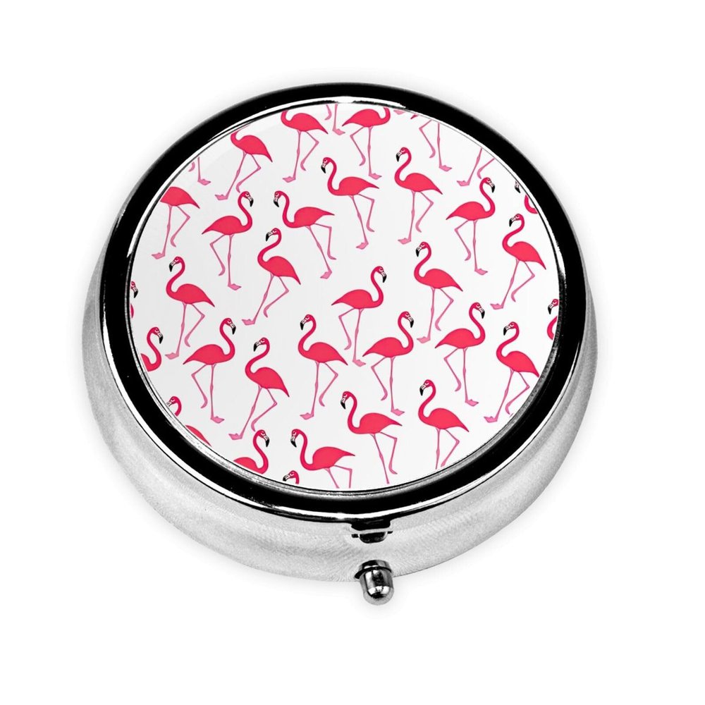 Red Flamingo Pattern Print Round Mini Medicine Storage Box Round Mini Pill Box,Portable Pill Box 3 Compartment