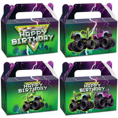 24Pcs Green Purple Monster Truck Treat Boxes Monster Truck Birthday Party Decorations Racing Truck Theme Party Favor Gift Boxes Monster Truck Goodie Boxes for Kids Birthday Party Supplies 6 x 3 x 3.6