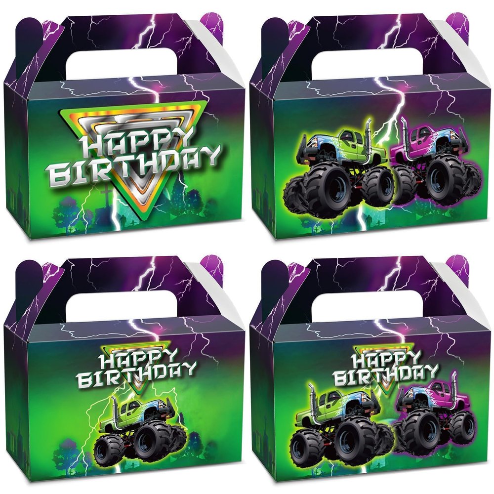 24Pcs Green Purple Monster Truck Treat Boxes Monster Truck Birthday Party Decorations Racing Truck Theme Party Favor Gift Boxes Monster Truck Goodie Boxes for Kids Birthday Party Supplies 6 x 3 x 3.6